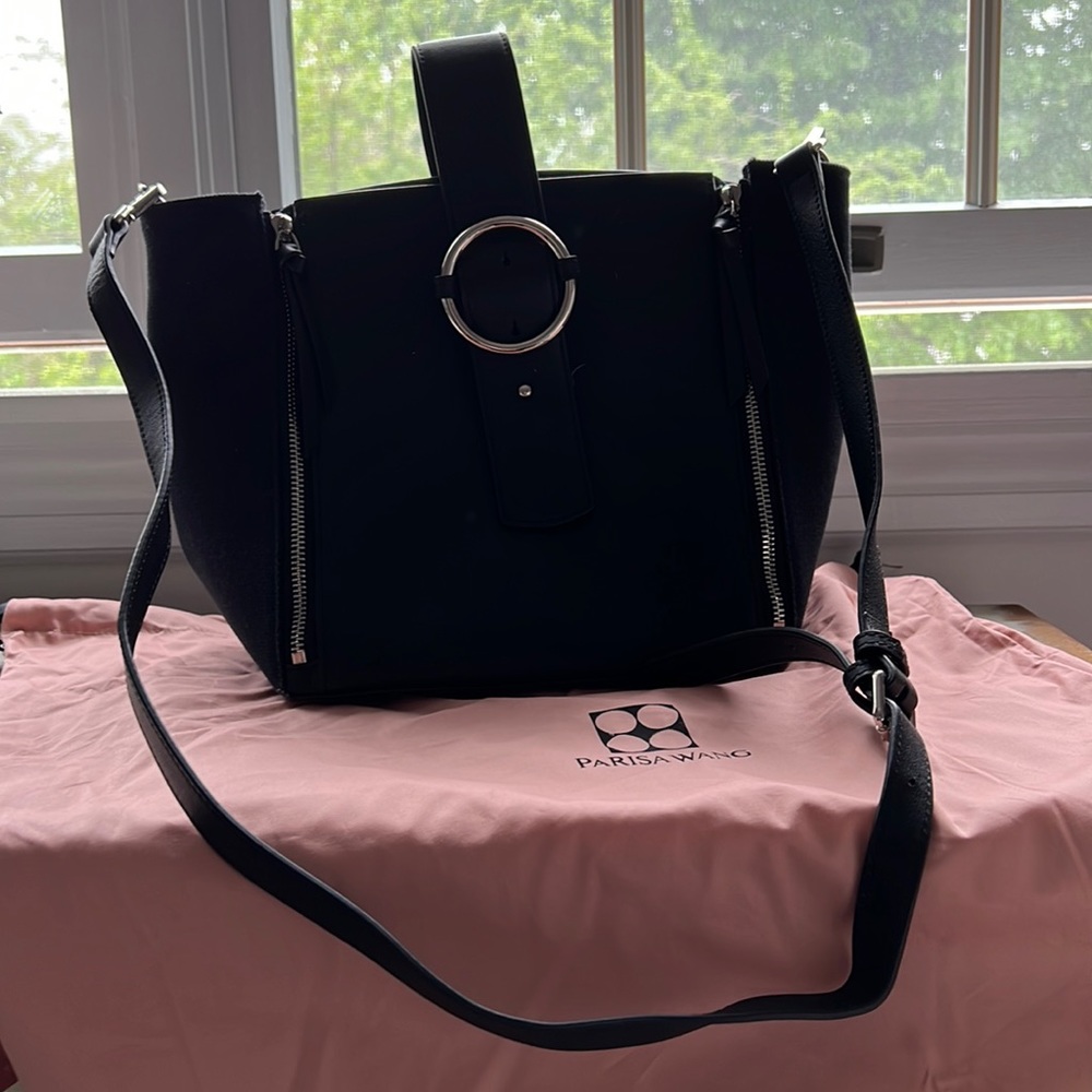 Black leather/canvas bucket-tote bag